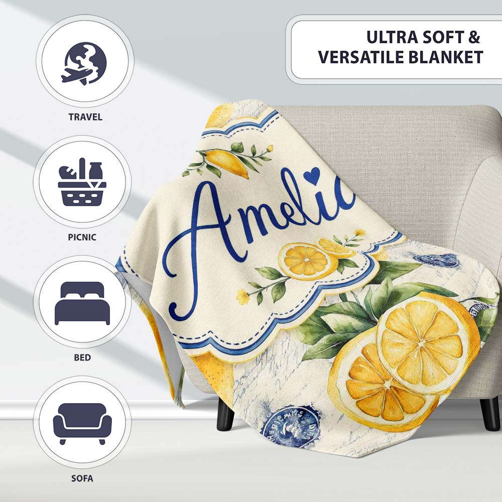 Rustic Lemon Slice Postage Stamp Script Background Seamless Pattern Personalised Custom Name Super Soft Fleece Blanket Bed Sofa Throw