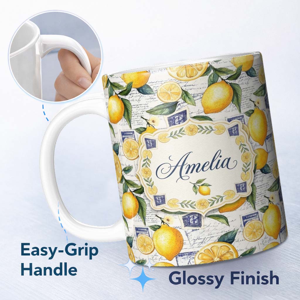 Personalized Custom Name Classic Lemon Fruit Botanical Vintage Script Collage Seamless 11oz Ceramic Coffee Tea Mug White Large Handle