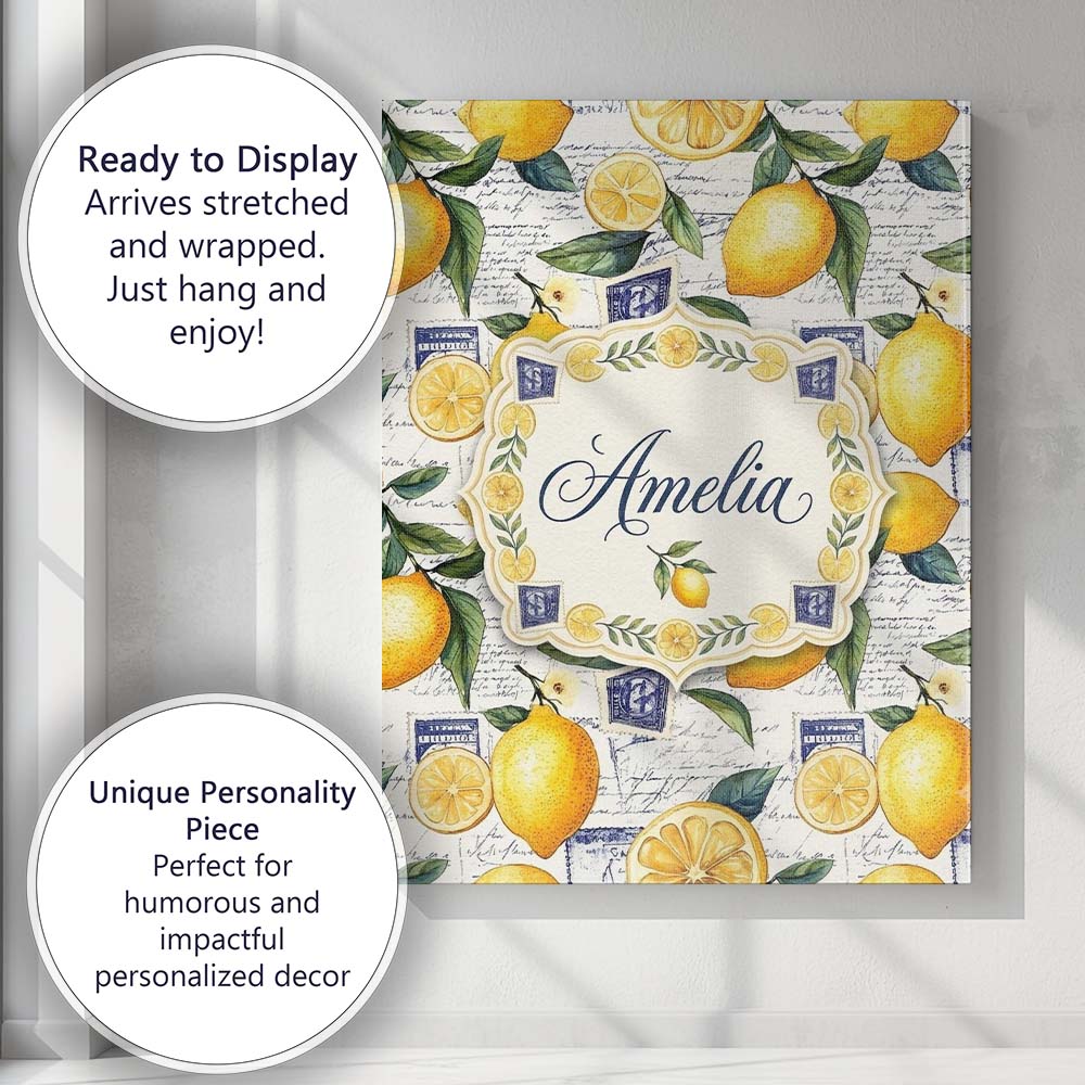 Personalised Name Classic Lemon Fruit Custom Modern Room Accent Creative Decorator Style Canvas Wall Art Print Decor Picture Ready to Hang