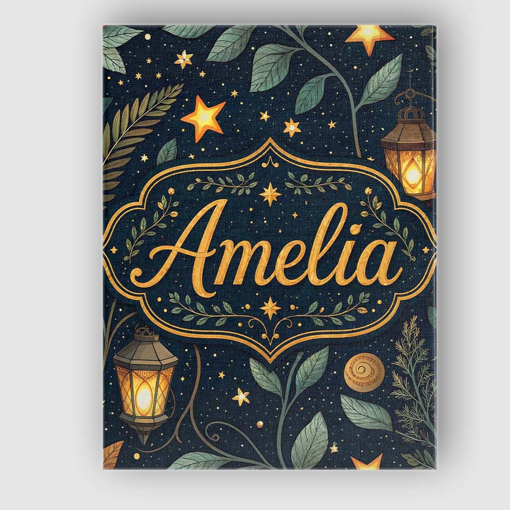 Personalised Name Lantern Leaves Stars Night Sky Botanical Seamless Custom Canvas Wall Art Print Decor Picture Ready to Hang