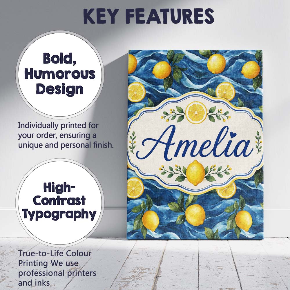 Personalised Name Hand Painted Lemon Fruit Custom Unique Gift Idea Elegant Feature Canvas Wall Art Print Decor Picture Ready to Hang