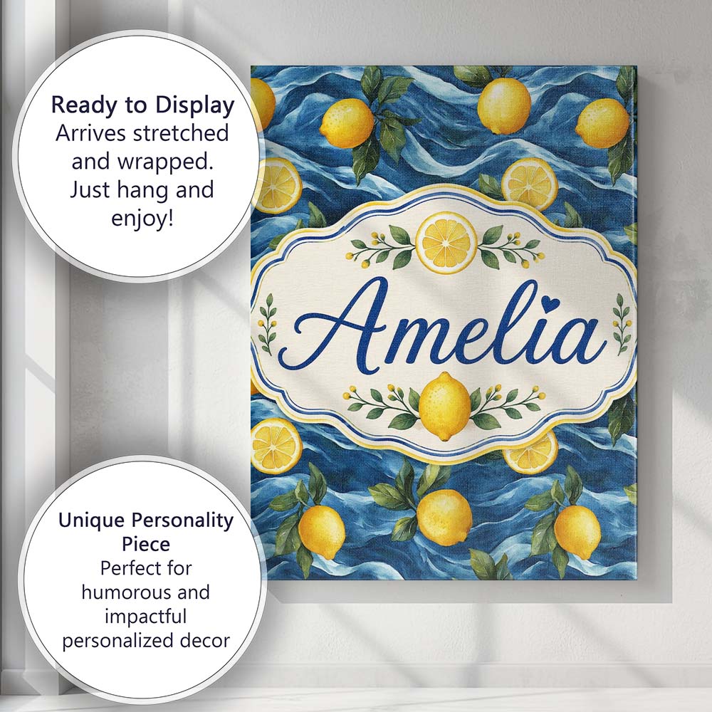 Personalised Name Hand Painted Lemon Fruit Custom Unique Gift Idea Elegant Feature Canvas Wall Art Print Decor Picture Ready to Hang