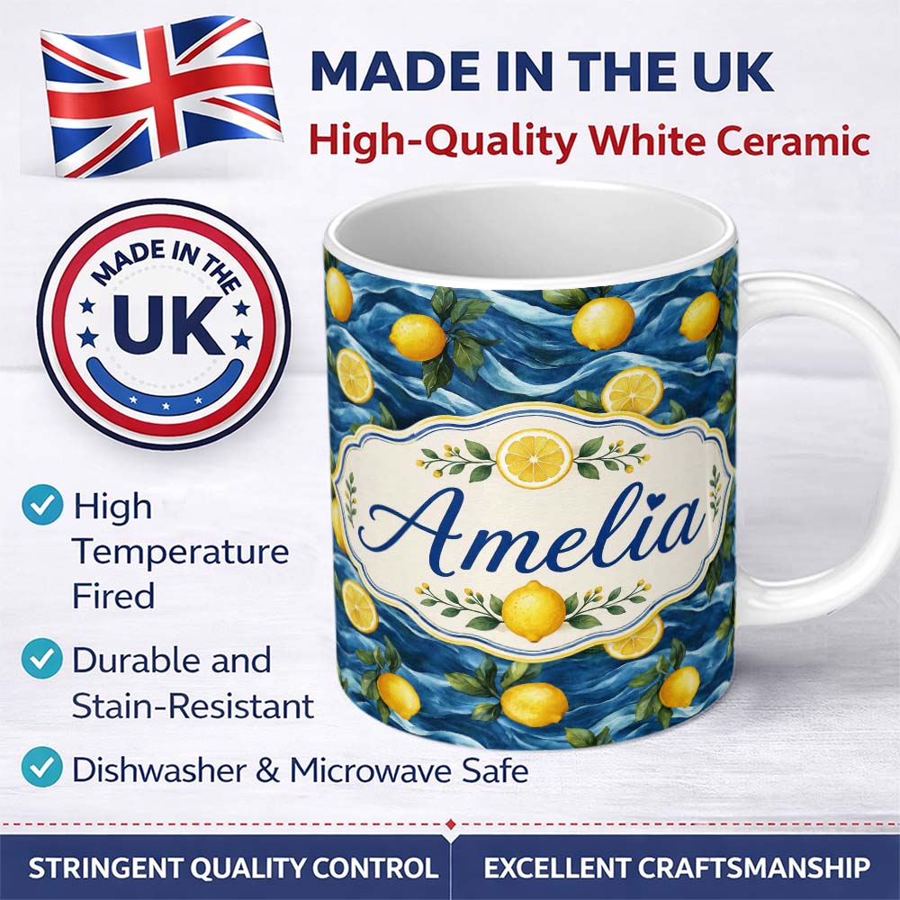 Personalized Custom Name Hand Painted Lemon Fruit Flowing Water Waves Seamless Pattern 11oz Ceramic Coffee Tea Mug White Large Handle