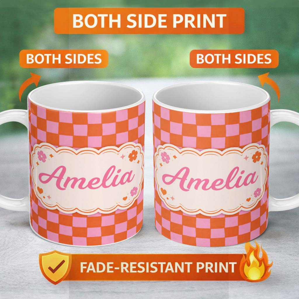 Personalized Custom Name Abstract Pink Orange Checkerboard Pattern Modern Geometric Seamless 11oz Ceramic Coffee Tea Mug White Large Handle