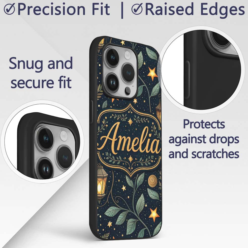 Lantern Leaves Stars Night Sky Botanical Seamless Custom Name Protective Phone Case Mobile Cover Durable Everyday Smartphone Shock Resistant