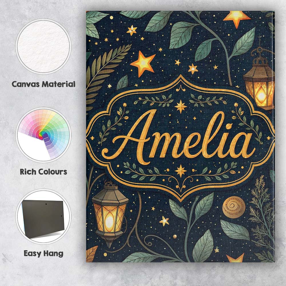 Personalised Name Lantern Leaves Stars Night Sky Botanical Seamless Custom Canvas Wall Art Print Decor Picture Ready to Hang
