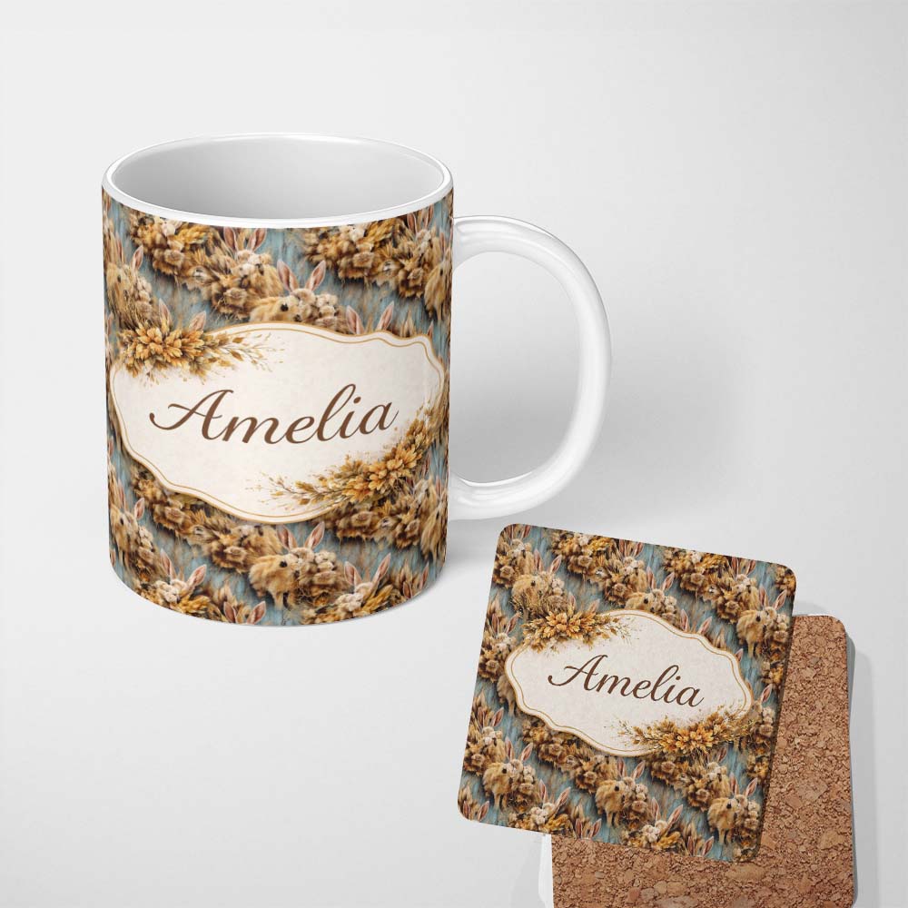 Personalized Custom Name Vintage Style Brown Rabbit Garden Illustration Seamless Pattern 11oz Ceramic Coffee Tea Mug White Large Handle