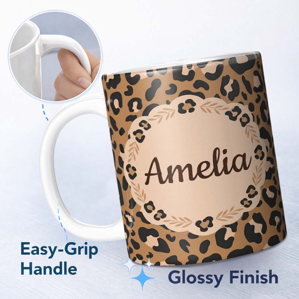 Personalized Custom Name Modern Leopard Animal Print Seamless Pattern Stylish Fashion Design 11oz Ceramic Coffee Tea Mug White Large Handle