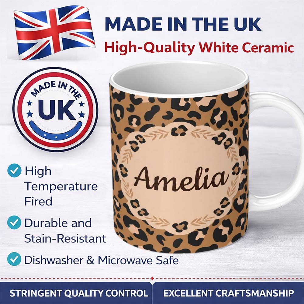 Personalized Custom Name Modern Leopard Animal Print Seamless Pattern Stylish Fashion Design 11oz Ceramic Coffee Tea Mug White Large Handle