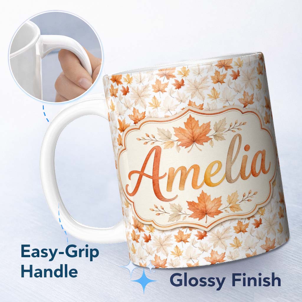 Personalized Custom Name Soft Watercolour Maple Leaves in Beige and Warm Orange on Light 11oz Ceramic Coffee Tea Mug White Large Handle