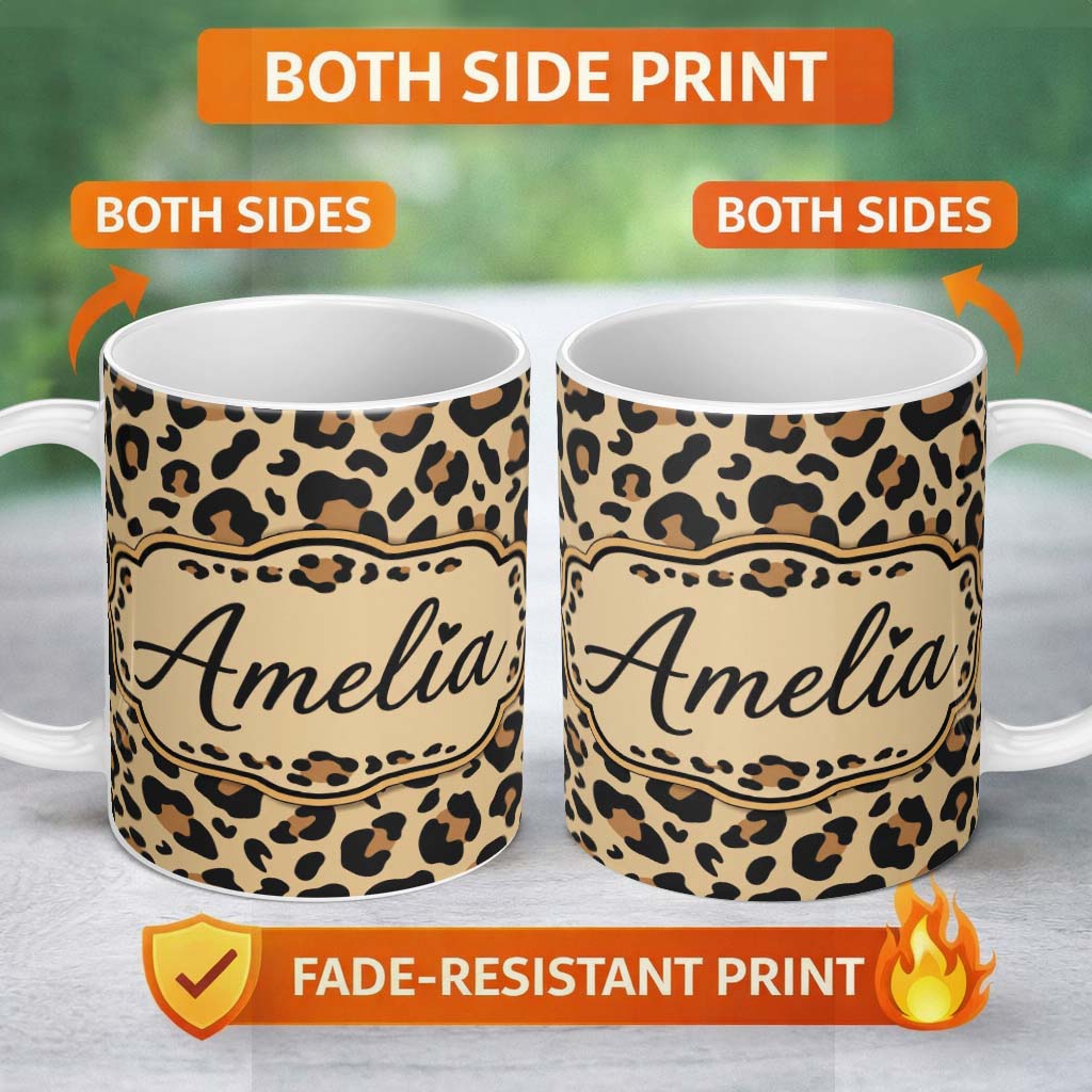 Personalized Custom Name Classic Leopard Spots Pattern Natural Wildlife Texture Seamless 11oz Ceramic Coffee Tea Mug White Large Handle