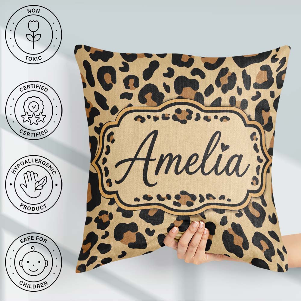 Custom Name Classic Leopard Pattern Natural Wildlife Seamless Square Filled Cushion Throw Pillow Sofa Bed Home Decor Zip Washable UK Made