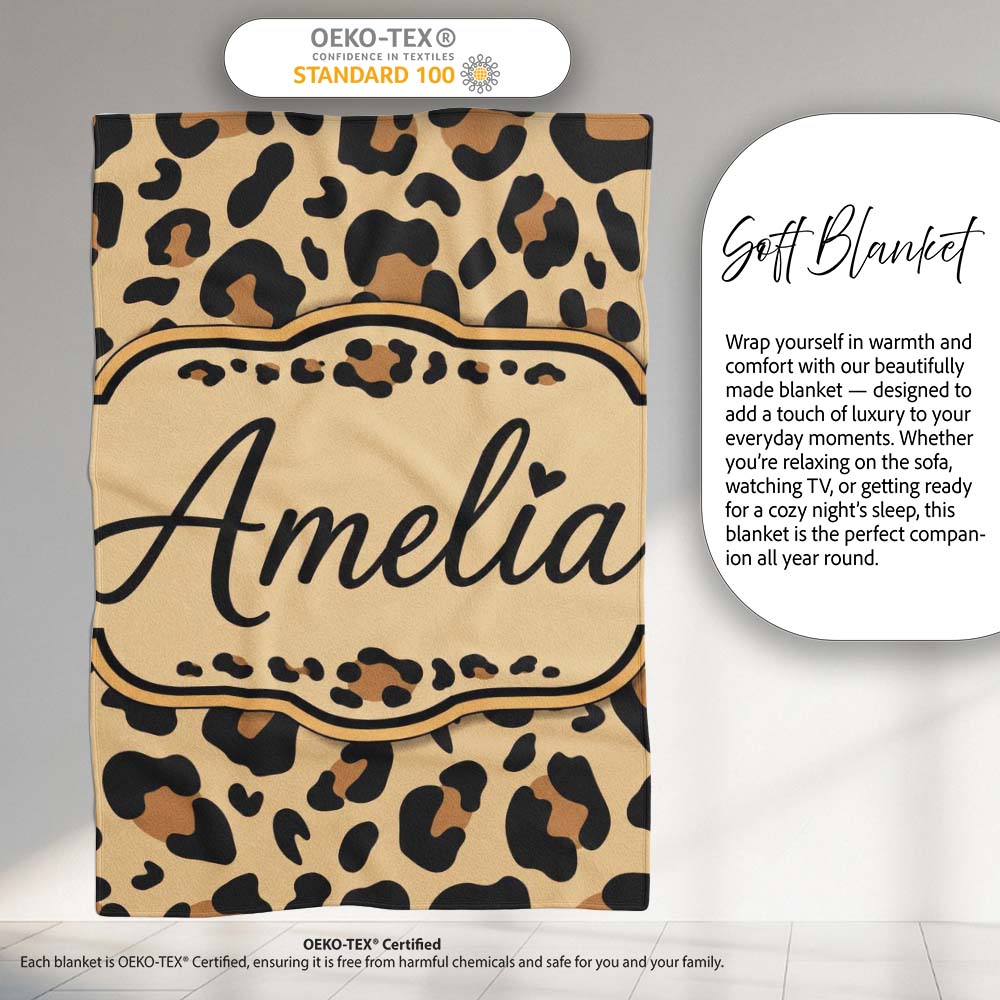 Classic Leopard Spots Pattern Natural Wildlife Texture Seamless Personalised Custom Name Super Soft Fleece Blanket Bed Sofa Throw