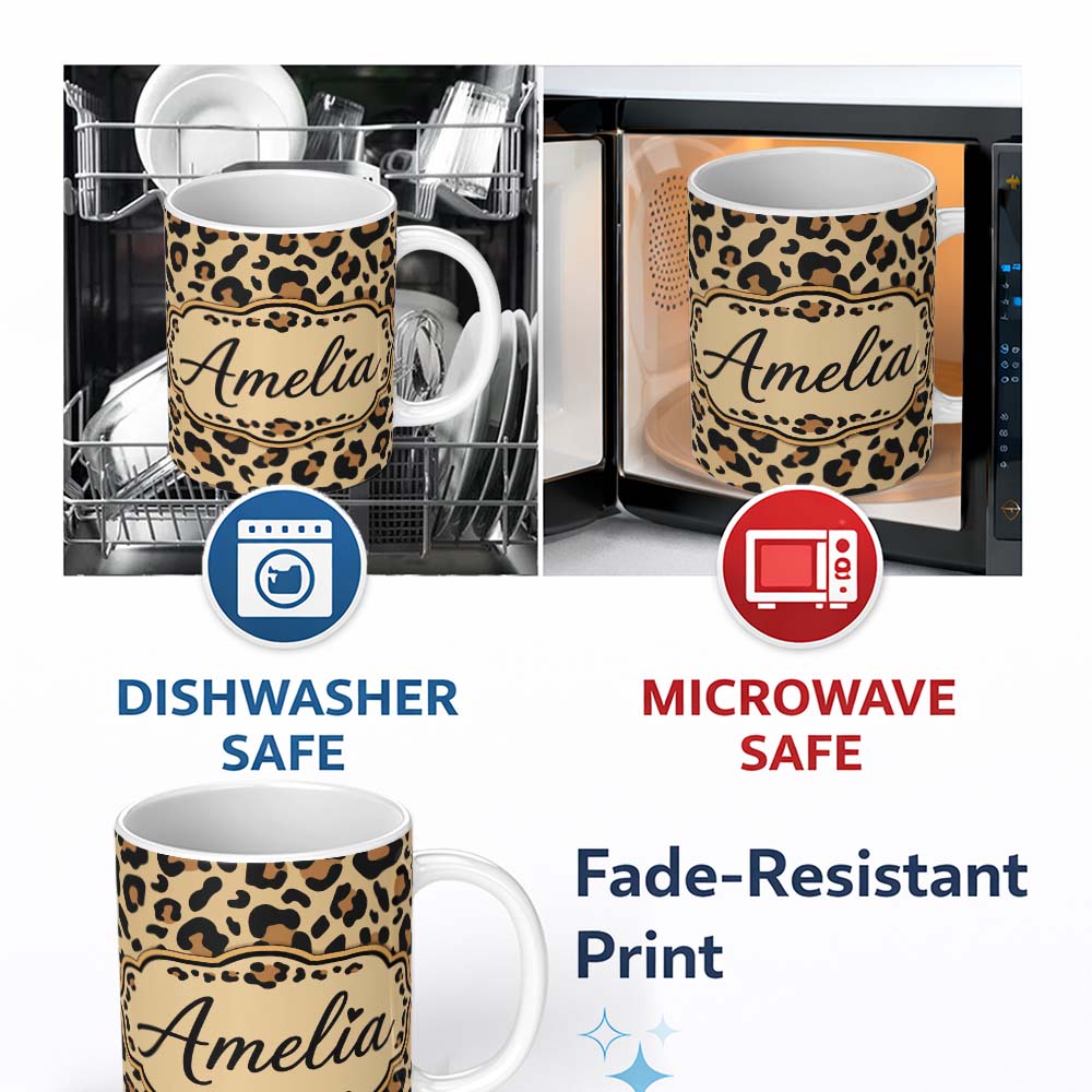 Personalized Custom Name Classic Leopard Spots Pattern Natural Wildlife Texture Seamless 11oz Ceramic Coffee Tea Mug White Large Handle
