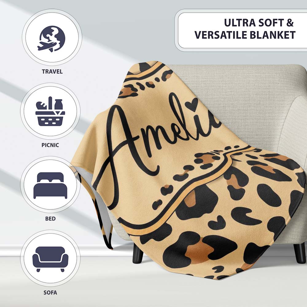 Classic Leopard Spots Pattern Natural Wildlife Texture Seamless Personalised Custom Name Super Soft Fleece Blanket Bed Sofa Throw