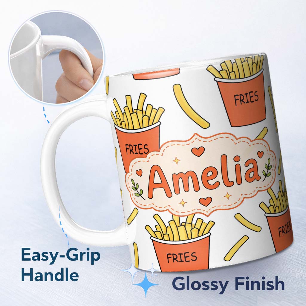 Personalized Custom Name Cute French Fries Cartoon Snack Food Light Grey Background Seamless 11oz Ceramic Coffee Tea Mug White Large Handle