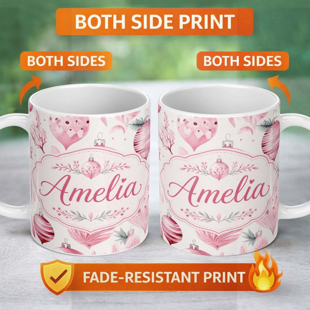 Personalized Custom Name Elegant Pink Christmas Baubles Watercolor Seamless Pattern Lovely 11oz Ceramic Coffee Tea Mug White Large Handle