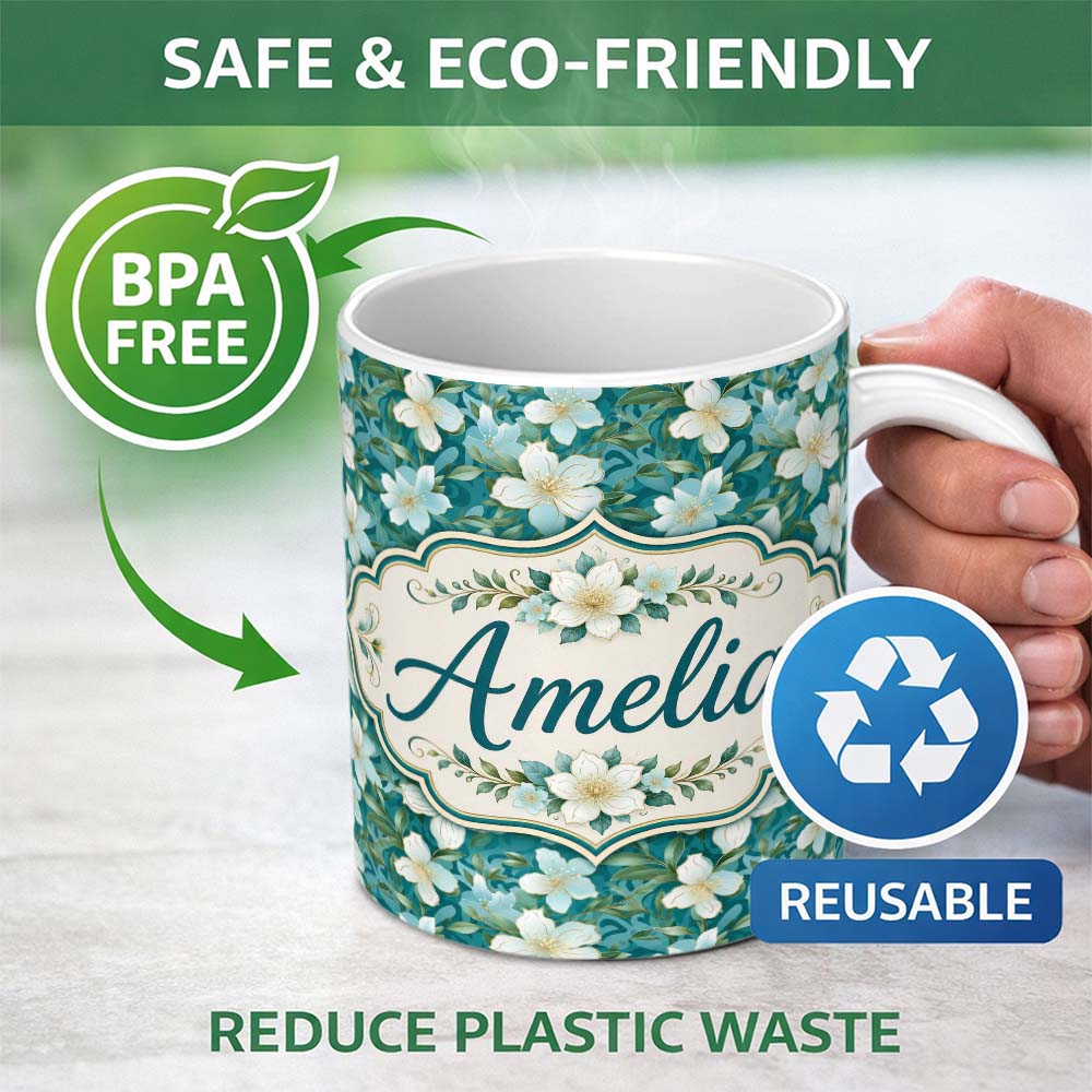 Personalized Custom Name Aqua Floral Blossom Pattern with Soft White Flowers and Green Leaves 11oz Ceramic Coffee Tea Mug White Large Handle