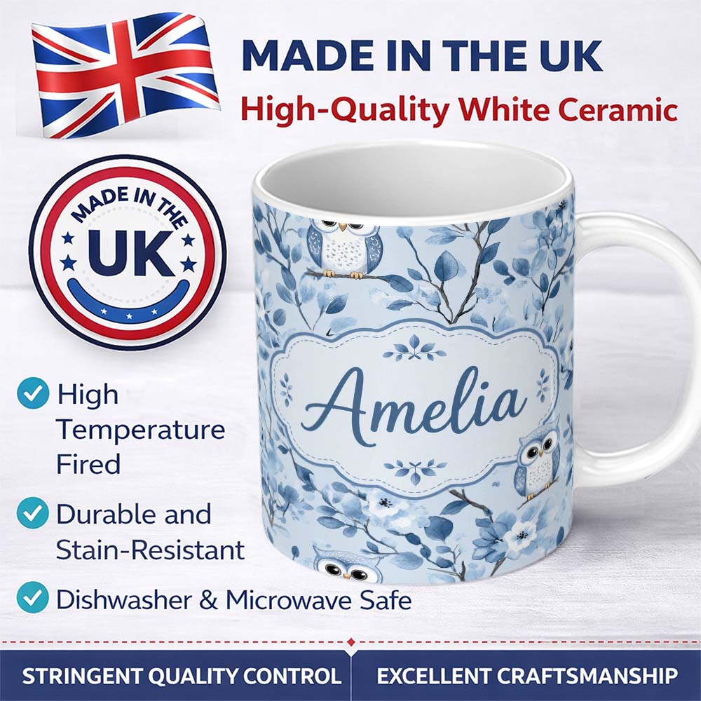 Personalized Custom Name Cute Blue Owl Birds with Floral Branch Background Seamless Pattern 11oz Ceramic Coffee Tea Mug White Large Handle