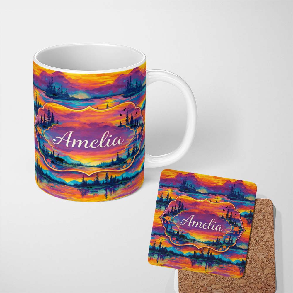 Personalized Custom Name Neon Sunset Mountain Lake Landscape Pattern Stylish Everyday Mug 11oz Ceramic Coffee Tea Mug White Large Handle