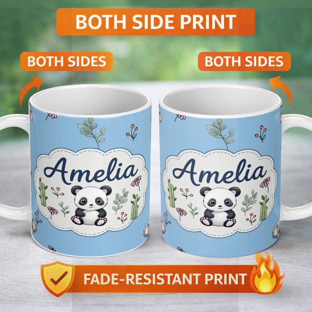 Personalized Custom Name Cute Panda Bear with Bamboo Leaves Floral Seamless Pattern Sky Blue 11oz Ceramic Coffee Tea Mug White Large Handle