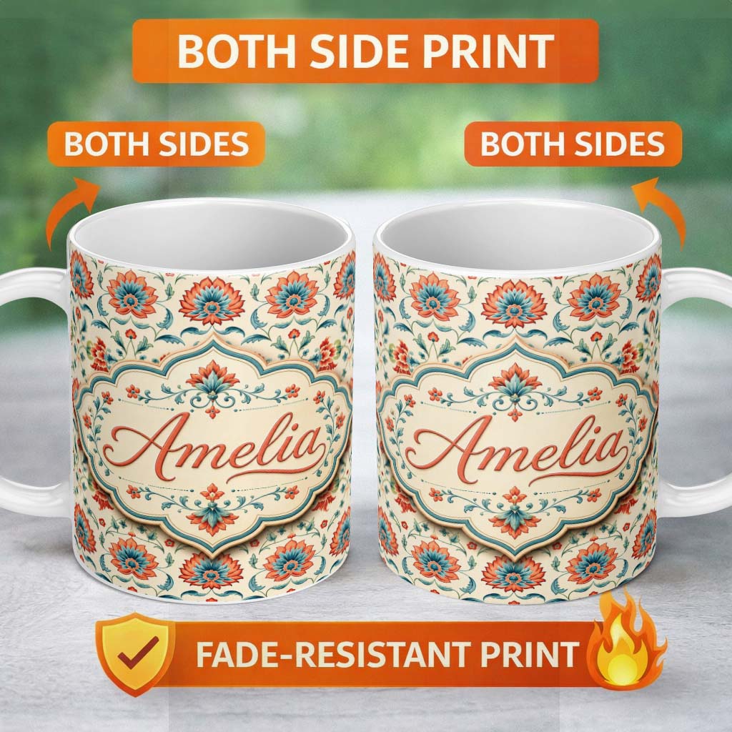 Personalized Custom Name Elegant Folk Floral Pattern Red Teal and Cream Seamless Pattern 11oz Ceramic Coffee Tea Mug White Large Handle