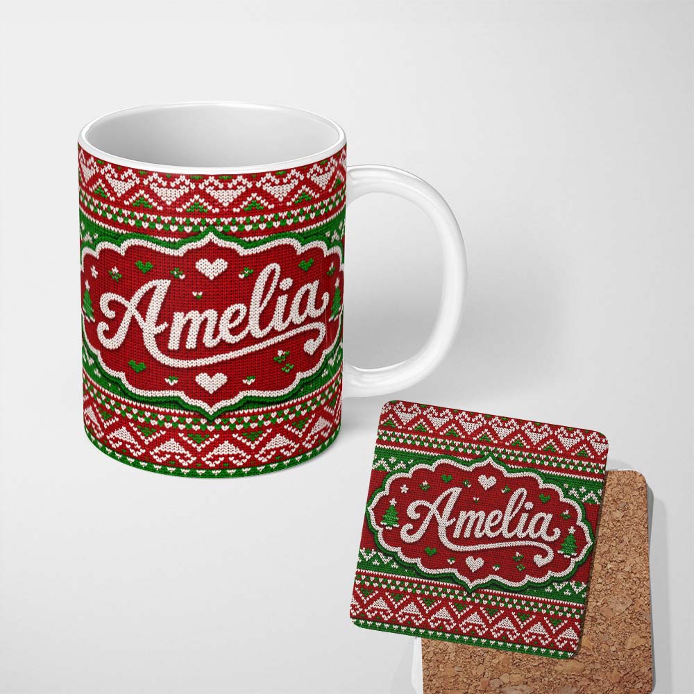 Personalized Custom Name Cute Red Green Classic Nordic Stripe Christmas Knitted Seamless 11oz Ceramic Coffee Tea Mug White Large Handle