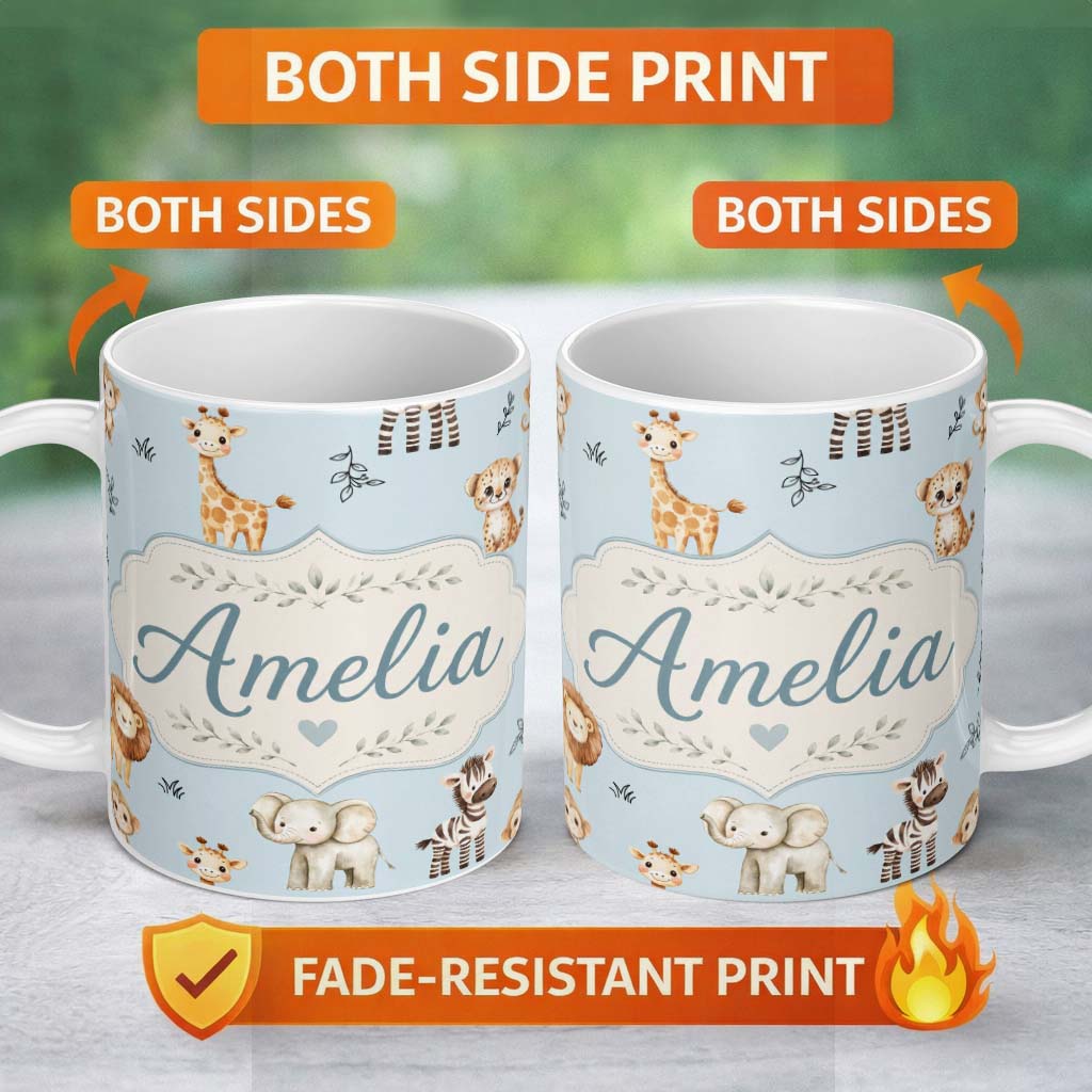 Personalized Custom Name Cute Baby Safari Animals Elephant Giraffe Lion Zebra Pattern Blue 11oz Ceramic Coffee Tea Mug White Large Handle