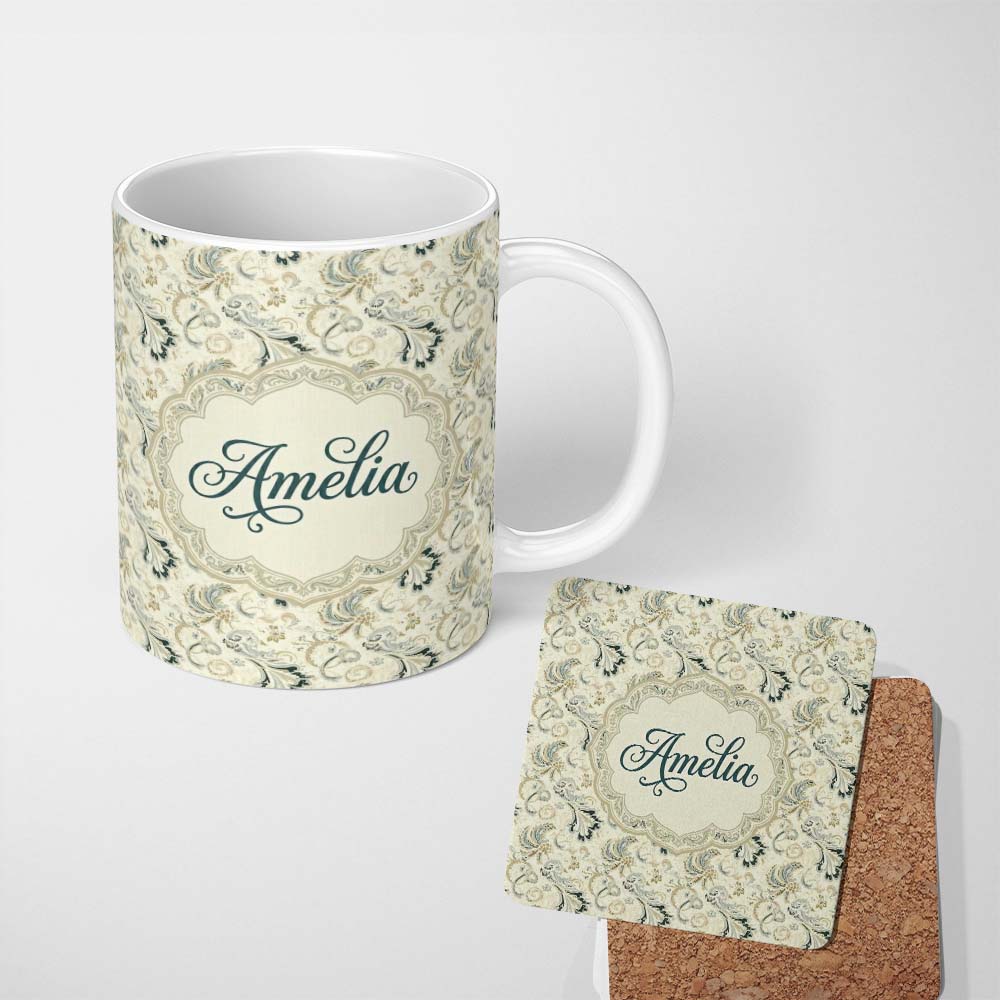 Personalized Custom Name Elegant Vintage Paisley Floral Ornamental Seamless Pattern Soft 11oz Ceramic Coffee Tea Mug White Large Handle