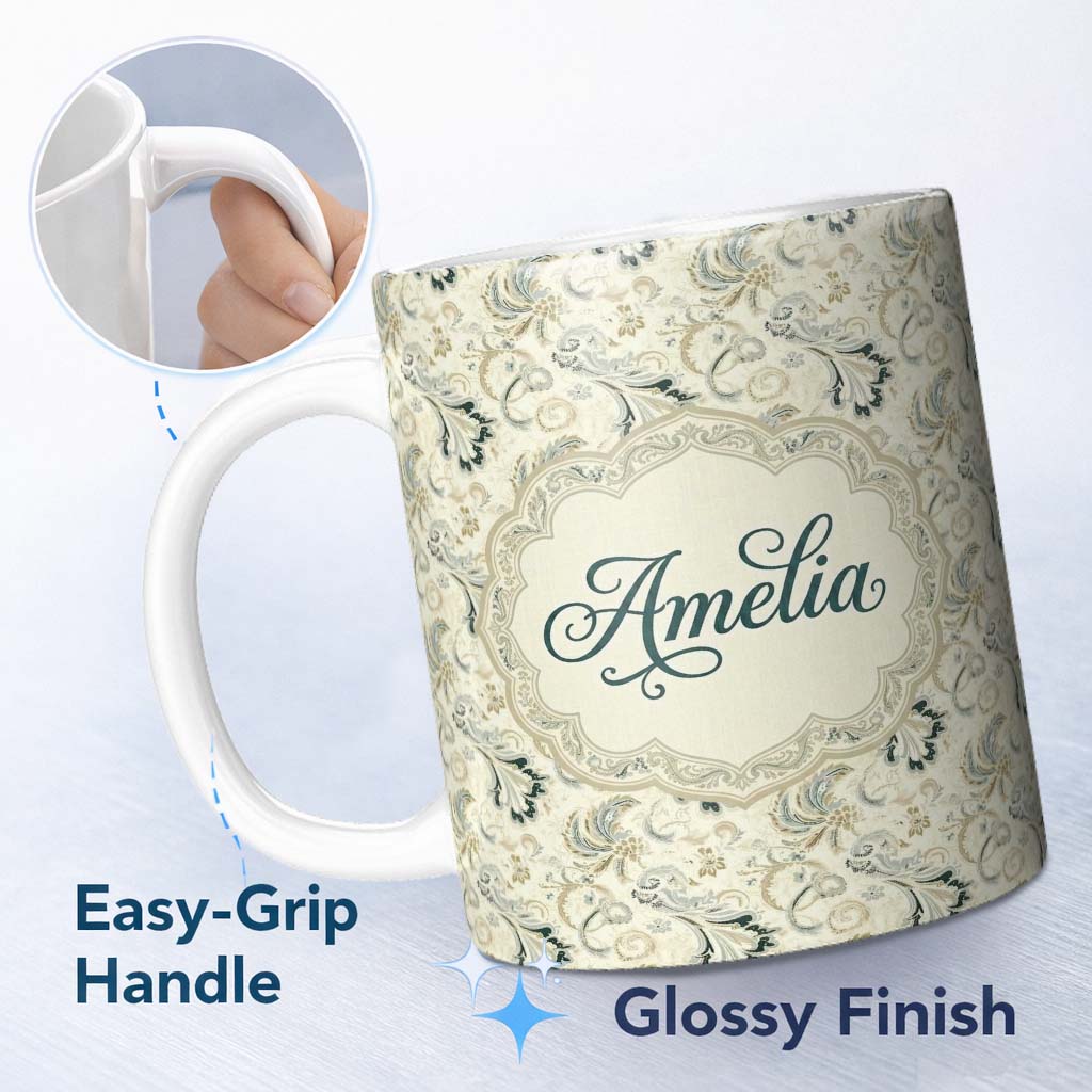 Personalized Custom Name Elegant Vintage Paisley Floral Ornamental Seamless Pattern Soft 11oz Ceramic Coffee Tea Mug White Large Handle