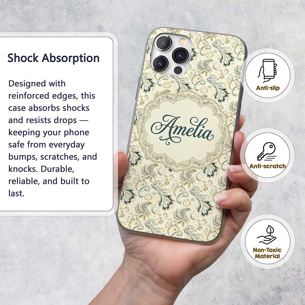Elegant Vintage Paisley Floral Printed Design Custom Name Protective Phone Case Mobile Cover Durable Everyday Smartphone Shock Resistant