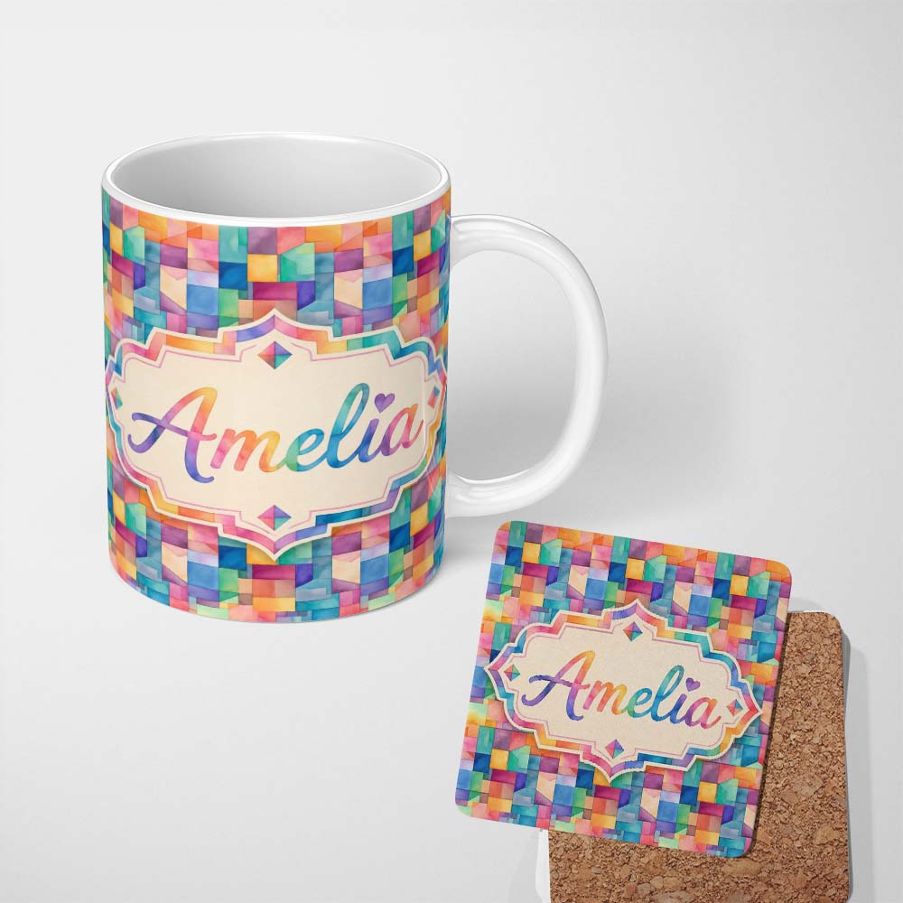 Personalized Custom Name Abstract Geometric Blocks Soft Modern Seamless Pattern Design Name 11oz Ceramic Coffee Tea Mug White Large Handle