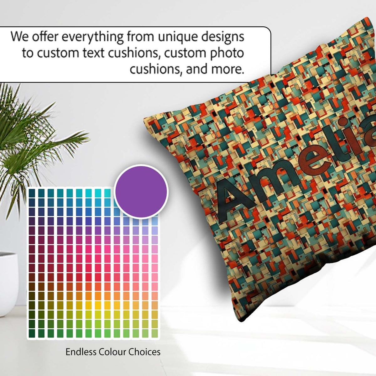Custom Name Bold Abstract Geometric Blocks Color Seamless Design Square Filled Cushion Throw Pillow Sofa Bed Home Decor Zip Washable UK Made