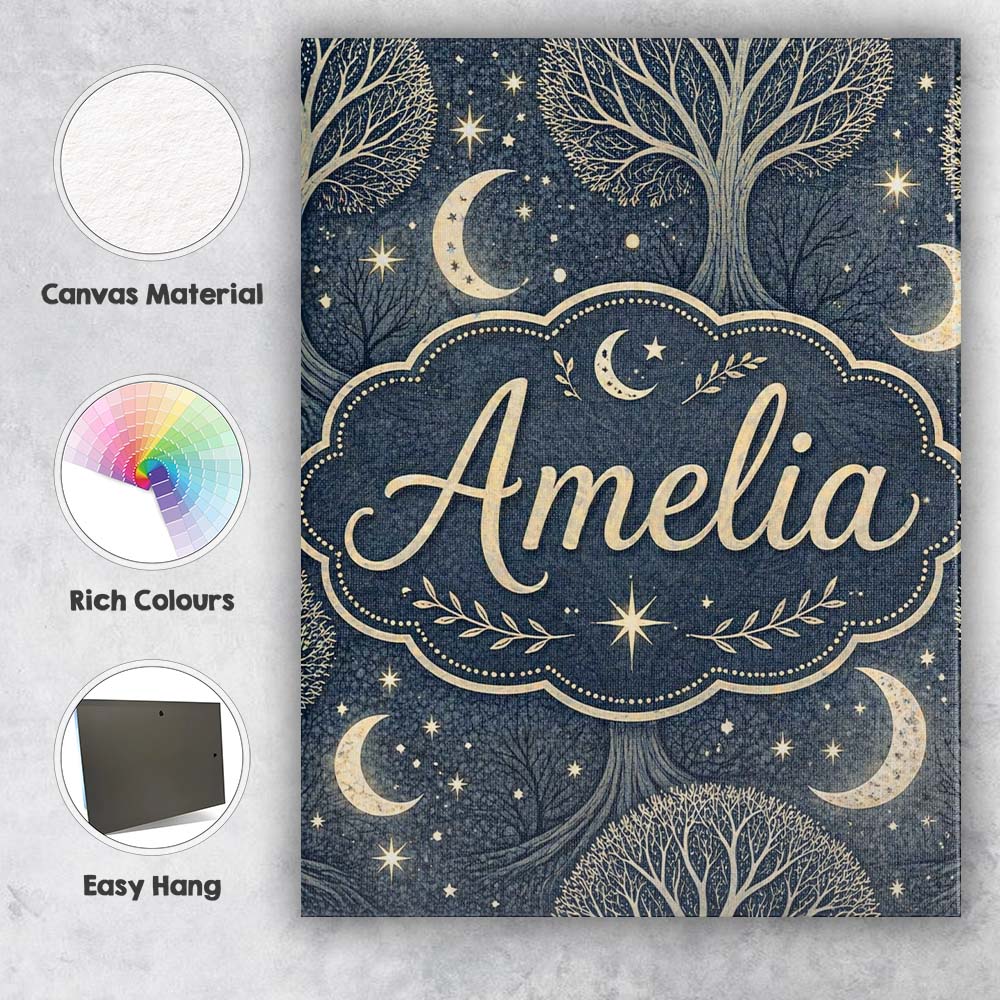 Personalised Name Mystical Forest Trees Moon Stars Night Seamless Custom Bespoke Canvas Wall Art Print Decor Picture Ready to Hang