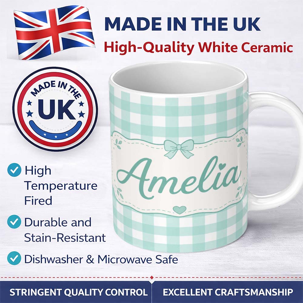 Personalized Custom Name Mint Green And White Gingham Check Seamless Pattern Classic Lovely 11oz Ceramic Coffee Tea Mug White Large Handle