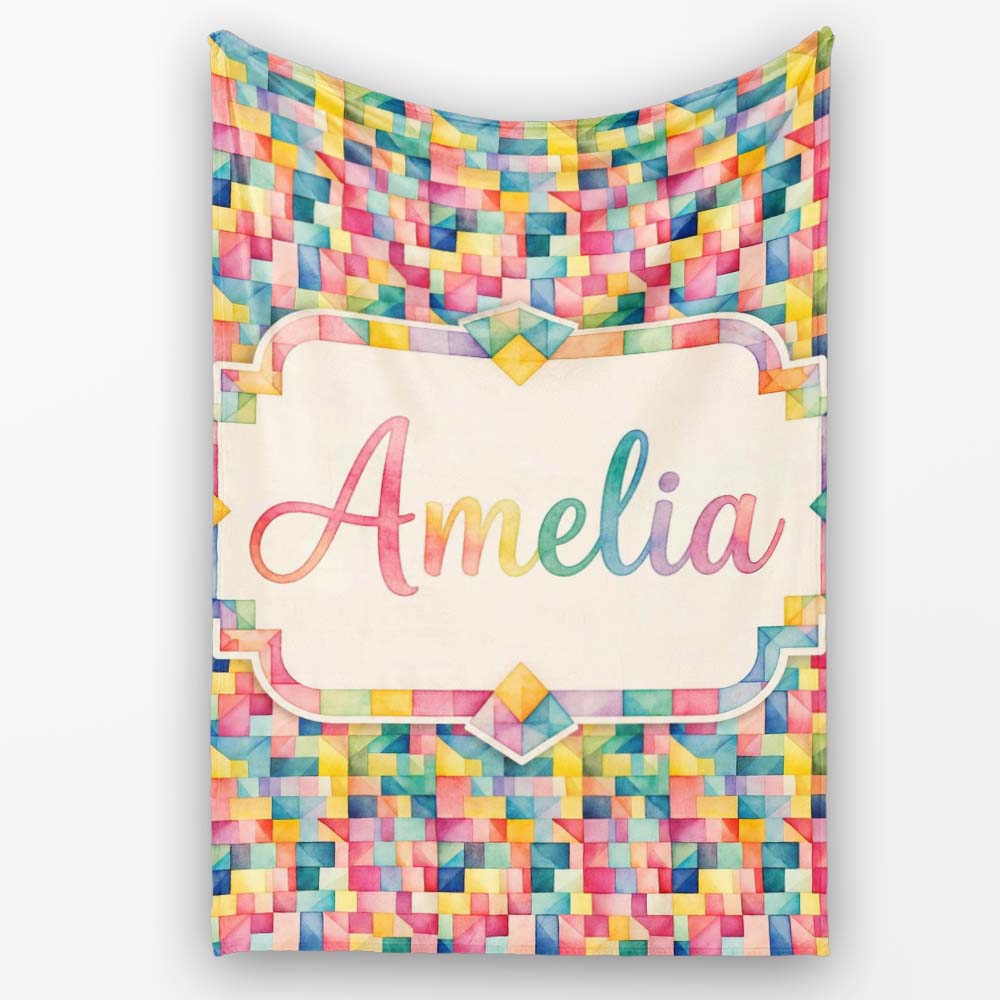 Colorful Geometric Patchwork Abstract Seamless Pattern Bright Personalised Custom Name Super Soft Fleece Blanket Bed Sofa Throw