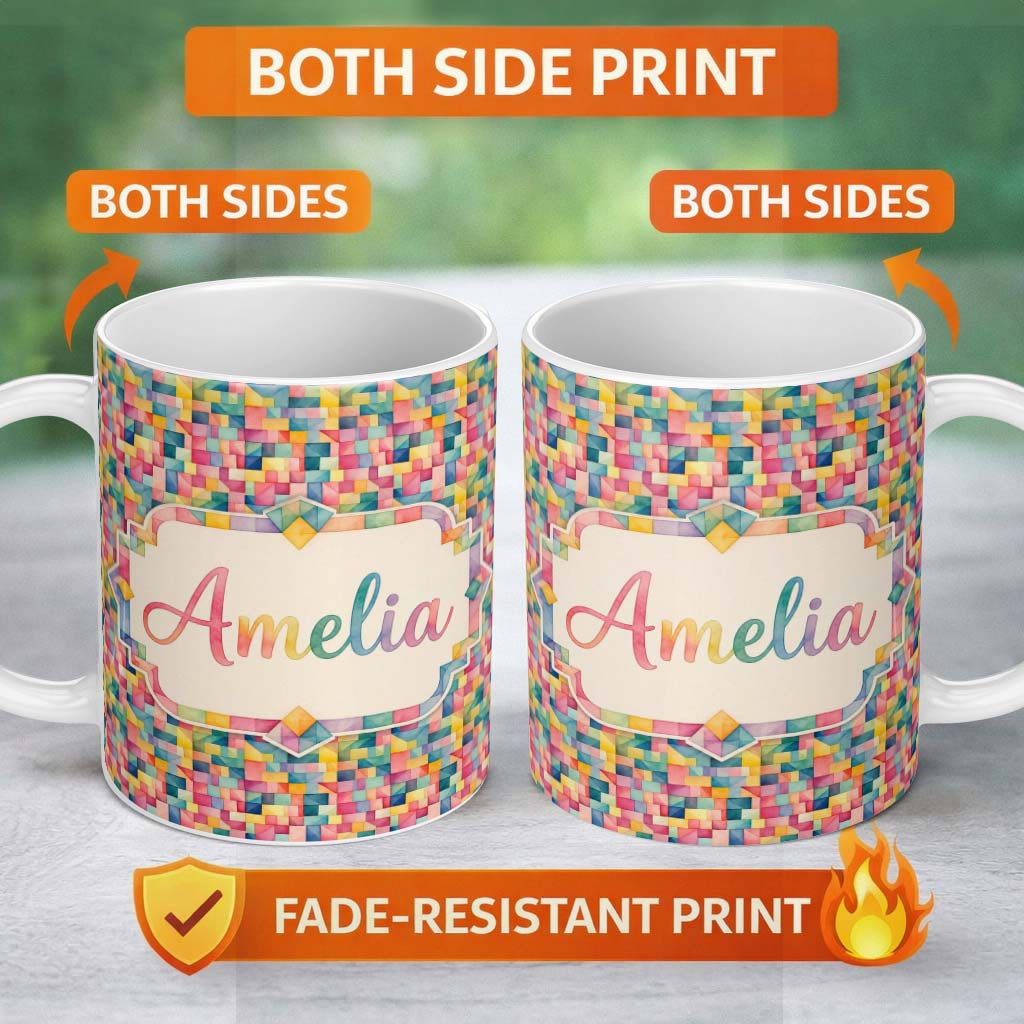 Personalized Custom Name Colorful Geometric Patchwork Abstract Seamless Pattern Bright 11oz Ceramic Coffee Tea Mug White Large Handle