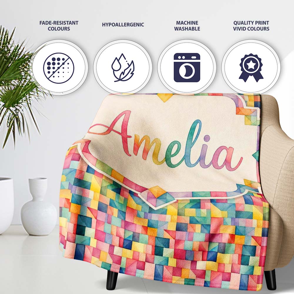 Colorful Geometric Patchwork Abstract Seamless Pattern Bright Personalised Custom Name Super Soft Fleece Blanket Bed Sofa Throw