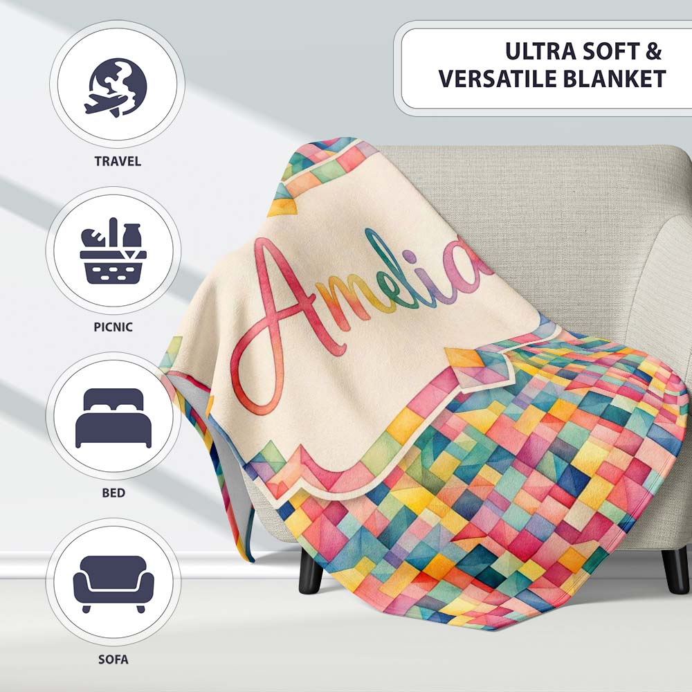 Colorful Geometric Patchwork Abstract Seamless Pattern Bright Personalised Custom Name Super Soft Fleece Blanket Bed Sofa Throw