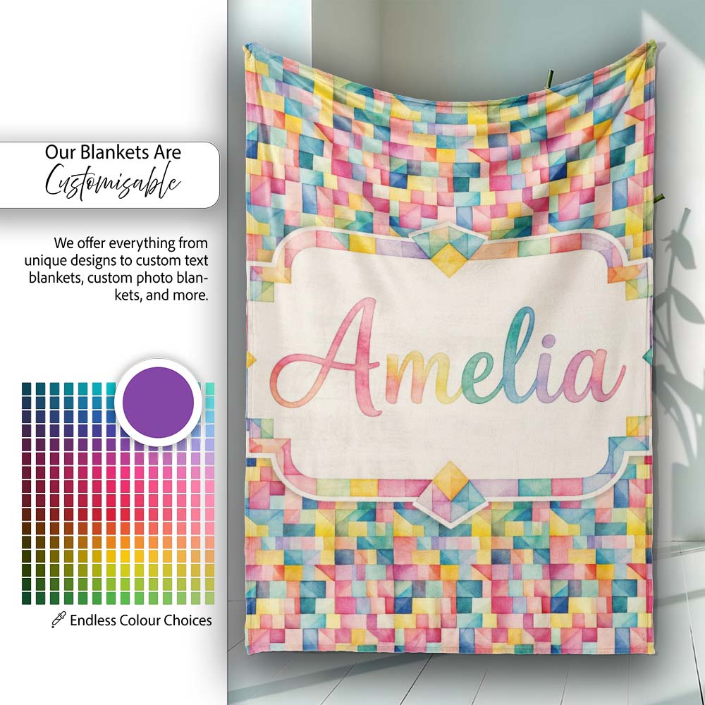 Colorful Geometric Patchwork Abstract Seamless Pattern Bright Personalised Custom Name Super Soft Fleece Blanket Bed Sofa Throw
