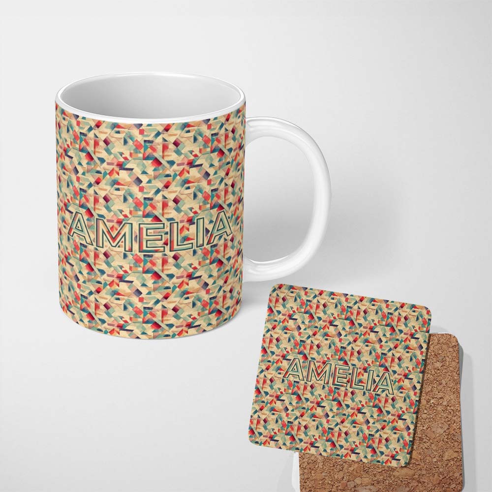 Personalized Custom Name Dynamic Abstract Angled Shapes Color Seamless Pattern Design Name 11oz Ceramic Coffee Tea Mug White Large Handle