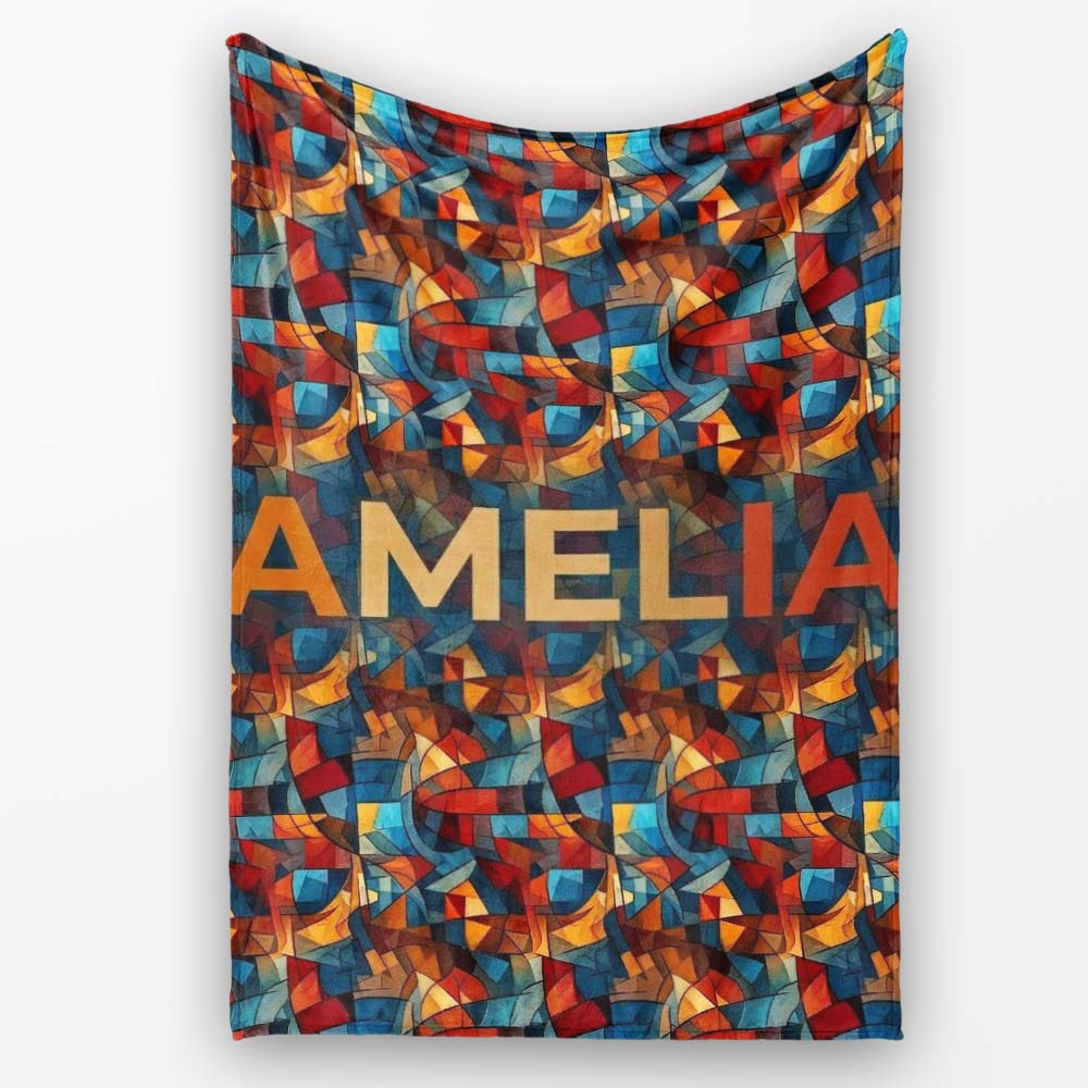 Vibrant Cubist Abstract Swirl Shapes Artistic Seamless Pattern Personalised Custom Name Super Soft Fleece Blanket Bed Sofa Throw