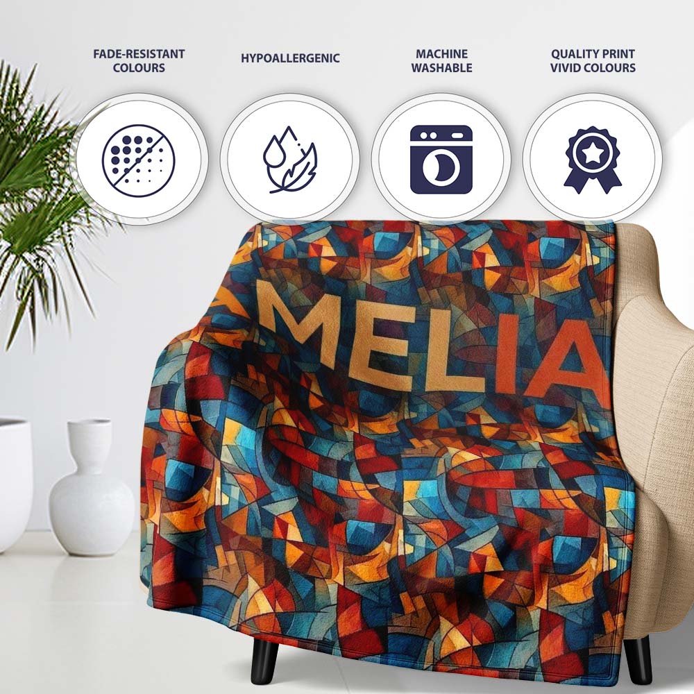 Vibrant Cubist Abstract Swirl Shapes Artistic Seamless Pattern Personalised Custom Name Super Soft Fleece Blanket Bed Sofa Throw