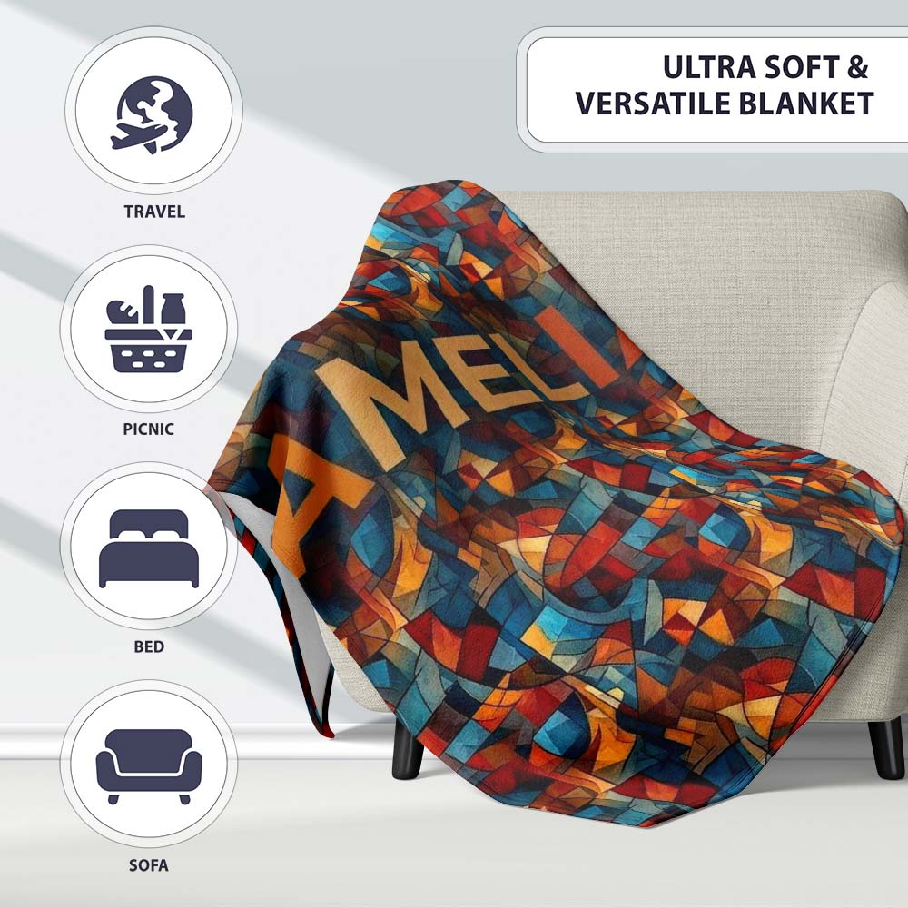 Vibrant Cubist Abstract Swirl Shapes Artistic Seamless Pattern Personalised Custom Name Super Soft Fleece Blanket Bed Sofa Throw