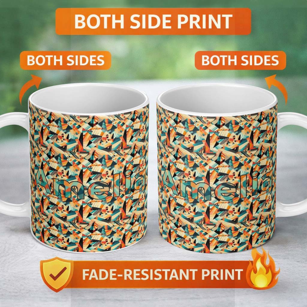 Personalized Custom Name Modern Abstract Linear Shapes Mid Century Seamless Pattern Design 11oz Ceramic Coffee Tea Mug White Large Handle