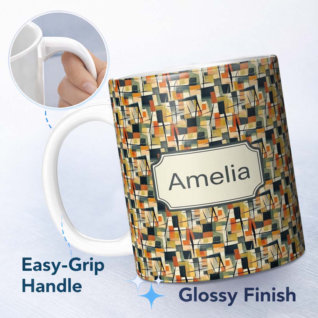 Personalized Custom Name Stylish Geometric Blocks Bold Seamless Pattern Modern Design Name 11oz Ceramic Coffee Tea Mug White Large Handle