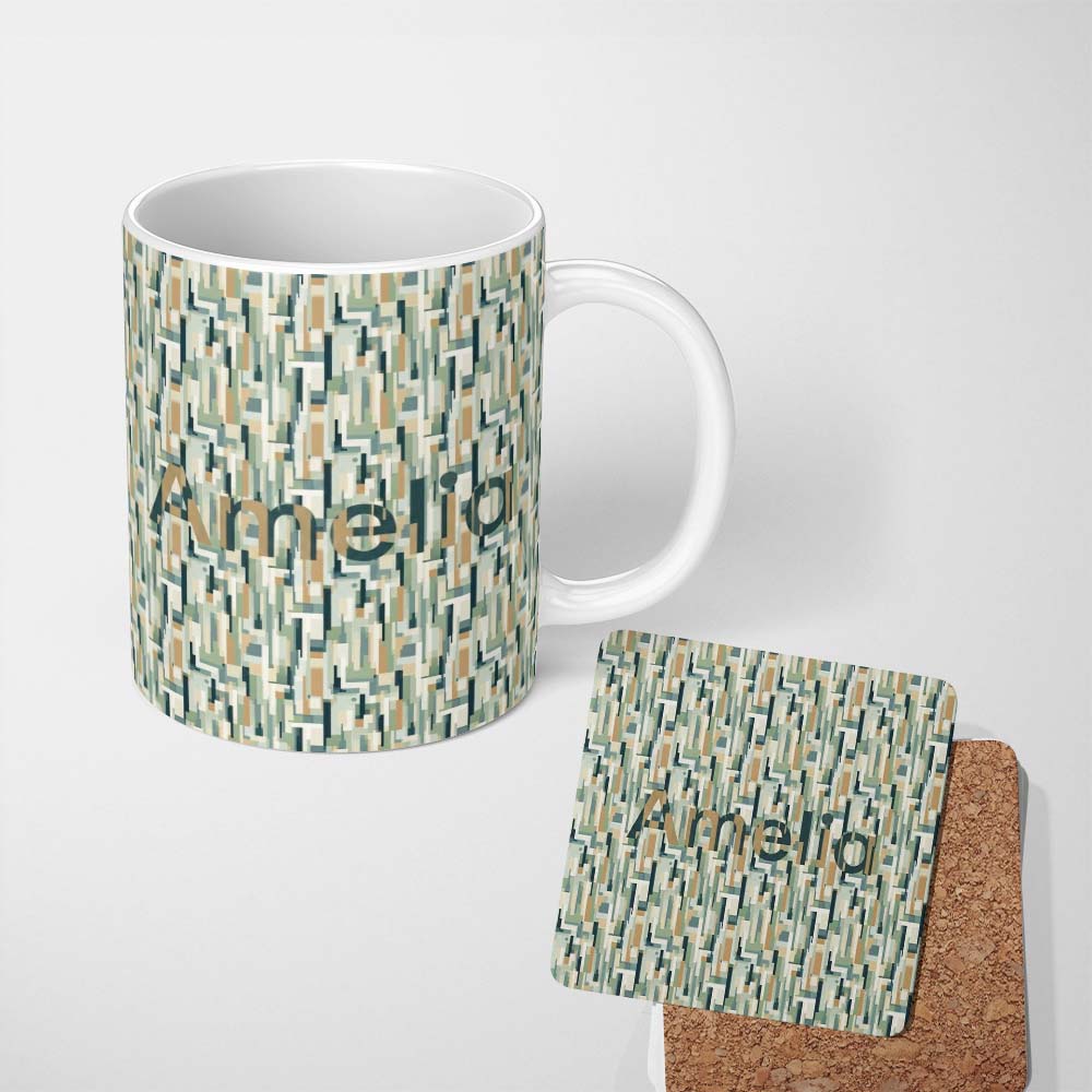 Personalized Custom Name Geometric Abstract Mosaic Color Blocks Artistic Seamless Pattern 11oz Ceramic Coffee Tea Mug White Large Handle