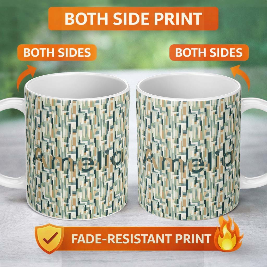 Personalized Custom Name Geometric Abstract Mosaic Color Blocks Artistic Seamless Pattern 11oz Ceramic Coffee Tea Mug White Large Handle