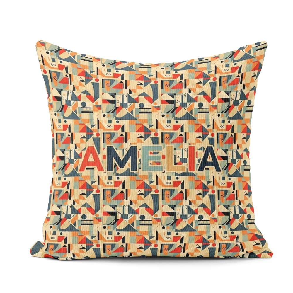 Custom Name Modern Geometric Shapes Beige Blue Pattern Name Cute Square Filled Cushion Throw Pillow Sofa Bed Home Decor Zip Washable UK Made