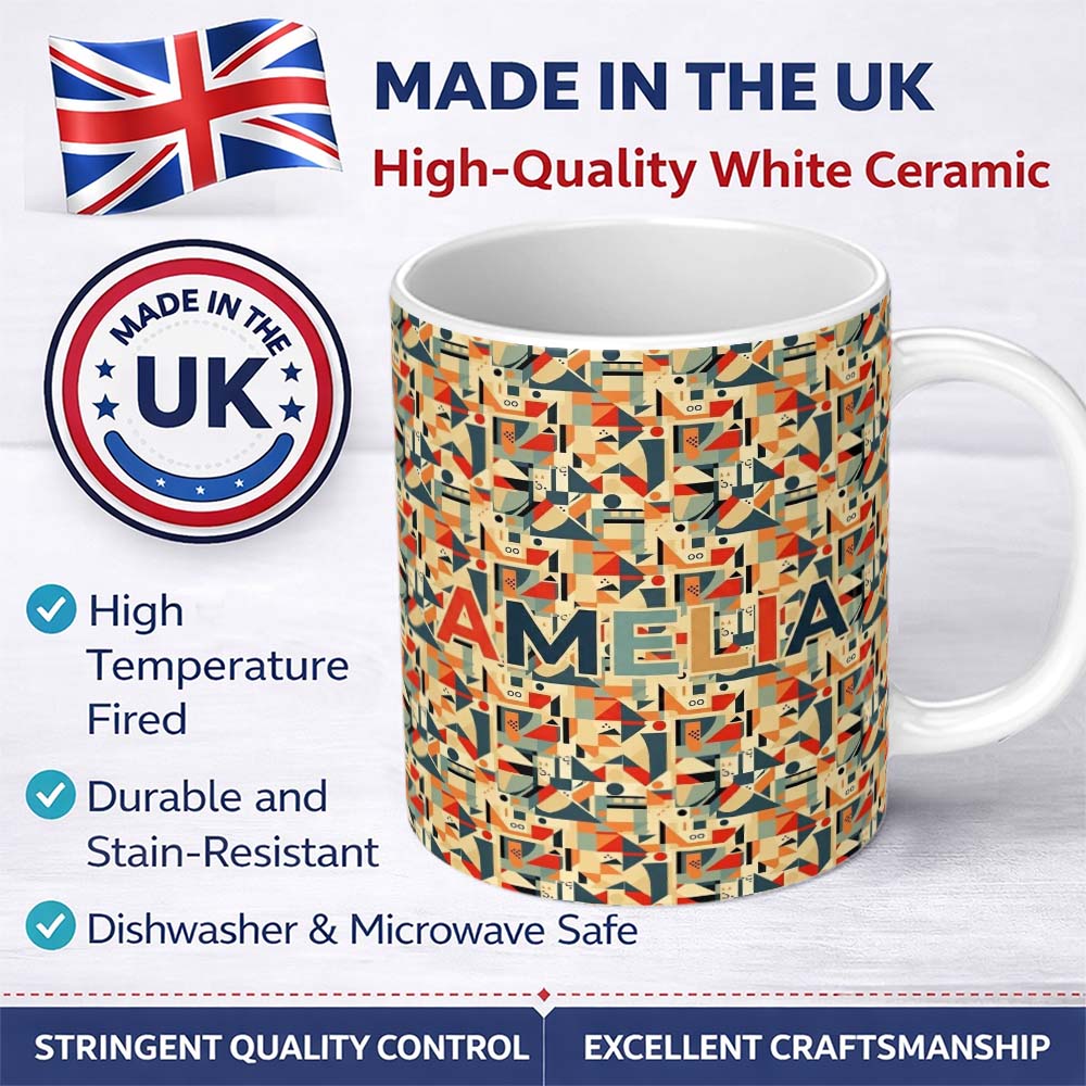 Personalized Custom Name Modern Geometric Shapes Beige Blue Orange Seamless Pattern Name Cute 11oz Ceramic Coffee Tea Mug White Large Handle
